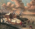 A winter landscape with figures skating on a frozen river before a hamlet - (after) Jan Griffier I