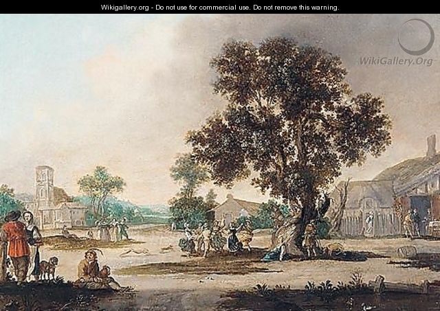 A village scene with figures dancing under an oak tree - (after) Esaias Van De Velde