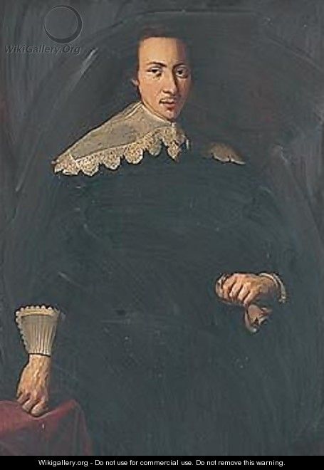 Portrait of a man, three-quarter length, wearing black and holding a glove in his left hand - Dutch School