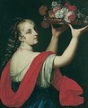A portrait of a young lady, holding up a basket of flowers - (after) Loo, Carle van