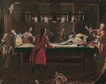Elegant figures playing billiards by candle-light - (after) Longhi, Pietro