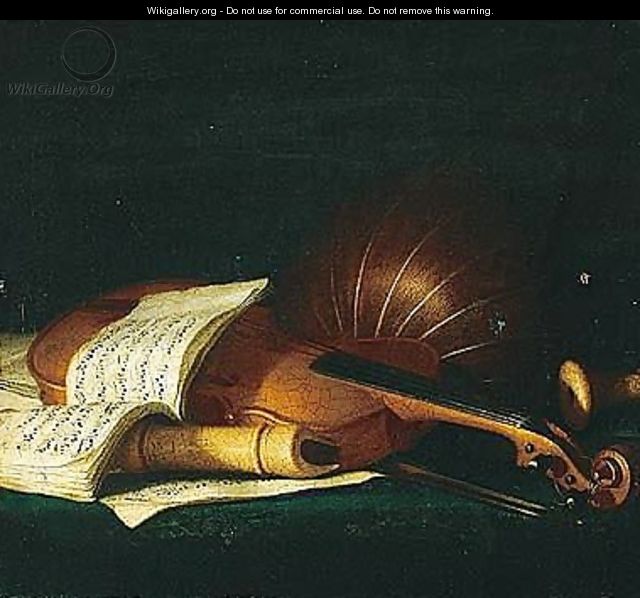Still life of a violin and bow, together with a recorder - (after) Pierre Nicolas Huilliot