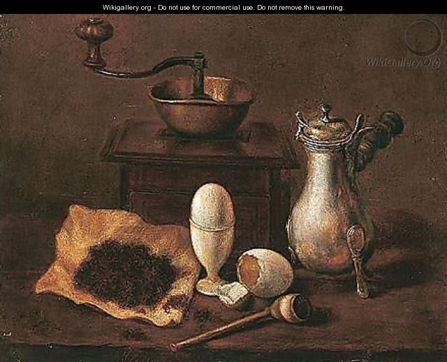 Still Life Of A Chocolatier, Together With Boiled Eggs, A Coffee Grinder, A Pipe And A Pouch Of Tobacco - Joseph-Alphonse Planson