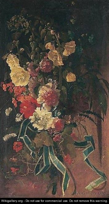 Still life of hollyhocks, stocks, carnations, morning glory and daisies tied with a blue ribbon - French School