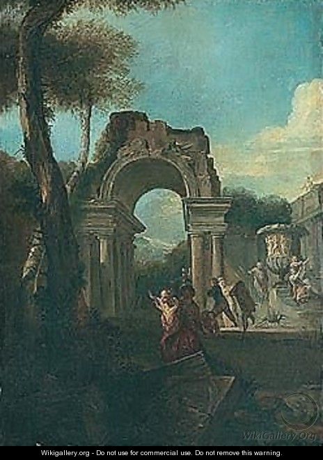 Elegant figures playing amongst antique ruins - (after) Marco Ricci