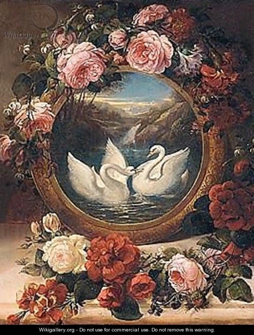 A Painting Of Swans In A River Landscape Encircled With Roses - Siegfried Detler Bendixen