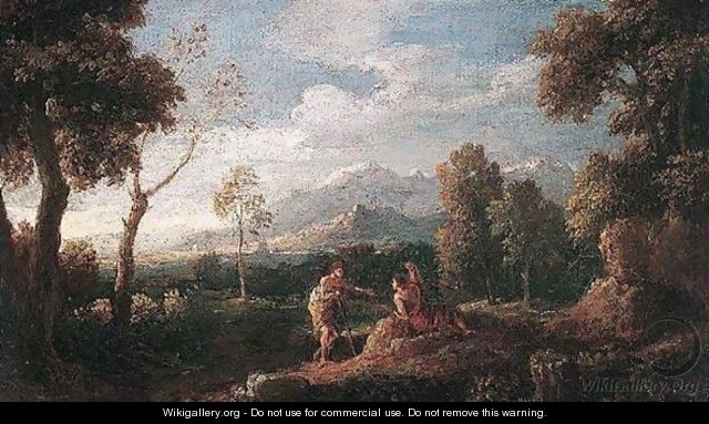A Wooded Landscape With Figures Conversing In The Foreground - (after) Jan Frans Van Orizzonte (see Bloemen)