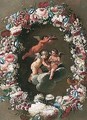 Still life of putti with bird's nests, within a garland of flowers - Roman School