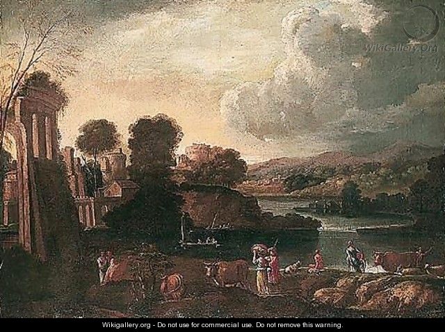 Italianate landscape with a town overlooking a river valley - Roman School