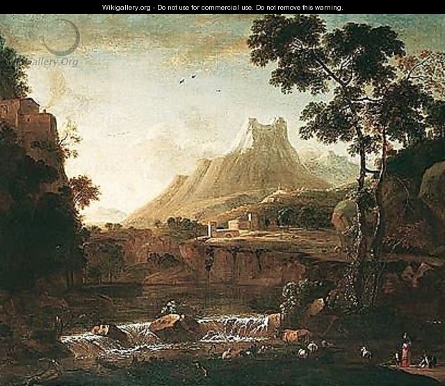 A Mountainous Landscape With Herders Watering Their Animals In The Foreground, A Fortress Beyond - Barend Appelman