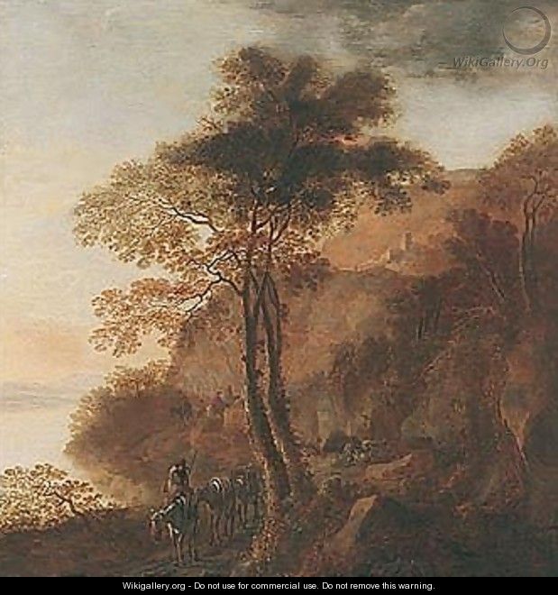 A Southern Landscape With Drovers And Their Mules On A Path Beside A Lake, A House On The Hill-top Beyond - Willem de Heusch