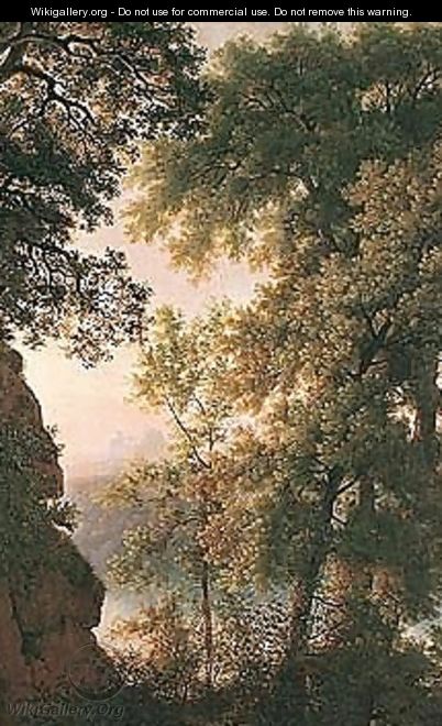 A wooded gorge with a view of a castle in the distance - (after) Pierre-Henri De Valenciennes
