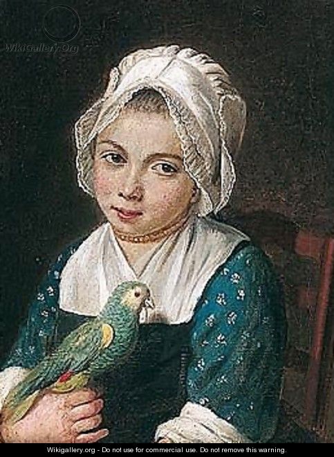 A Young Girl Holding A Green Parrot - (after) Antoine Raspal