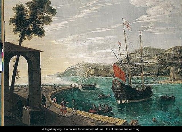 A Mediterranean Harbour, With An English Man-of-war At Anchor, Figures On The Quayside In The Foreground - Abraham Casembrot