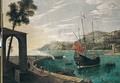 A Mediterranean Harbour, With An English Man-of-war At Anchor, Figures On The Quayside In The Foreground - Abraham Casembrot