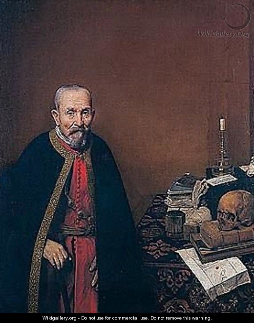An Old Man Standing Beside A Table With Books, A Candle And A Skull - Unknown Painter