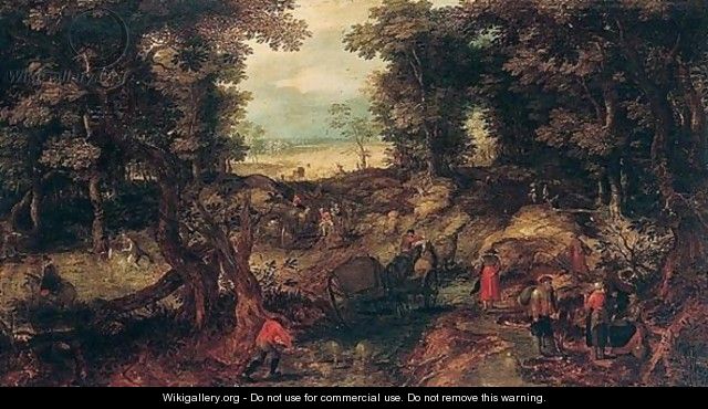 A landscape with travellers on a forest road - (after) Jan The Elder Brueghel