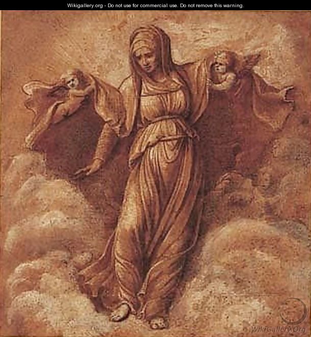 The virgin in glory, her mantle held by putti - Emilian School