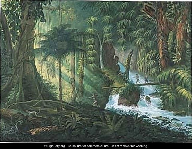 View Of A Jungle, With Hunters Crossing A River, One About To Shoot An Arrow. - (after) Charles Comte De Clarac