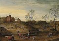 Spring - An Extensive Landscape With A View Of A Country-house With Figures Planting, Travellers On A Road In The Foreground - Jacob Grimmer