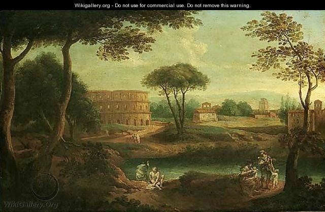 A view of the roman campagna, with figures beside a river, an amphitheatre beyond - (after) Giovanni Battista Busiri