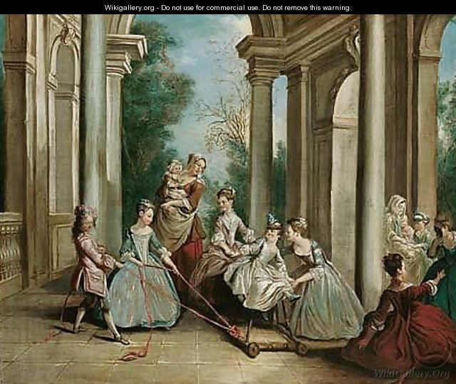 Children with their nurse playing on a hobby-horse on a terrace - Philipe Mercier