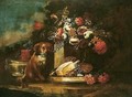 Still Life With Flowers And A Dog With A Dish Of Sweetmeats And Figs In A Garden Setting - (after) Gasparo Lopez