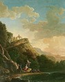 A Mountainous Landscape With Soldiers And Women Resting On The Edge Of A Lake, A Town On The Hillside Beyond - (after) Carlo Bonavia