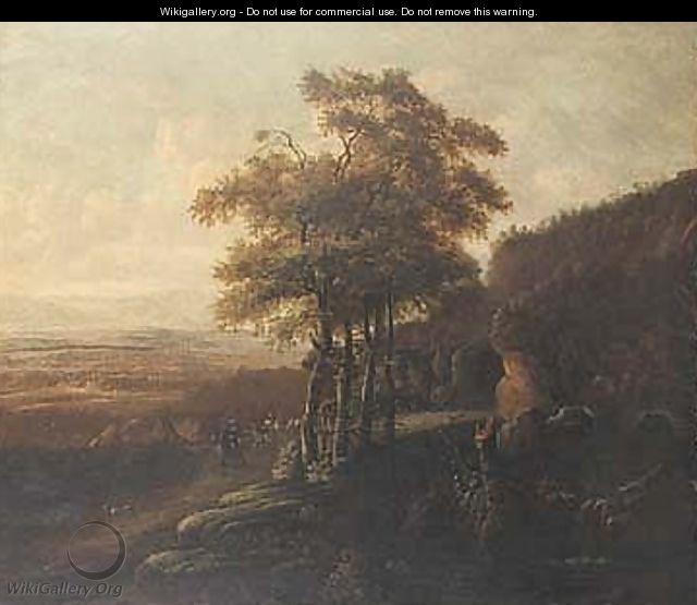 Elegant figures on horseback, riding through a rocky wooded landscape, a valley beyond - (after) Jan Both