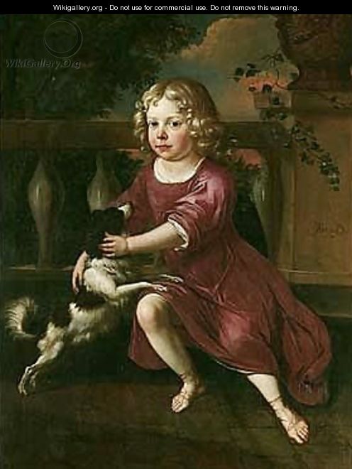 Portrait Of A Young Boy, Full Length, Wearing A Crimson Tunic, Playing With A Spaniel, On A Classical Terrace - Jan van Neck