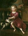 Portrait Of A Young Boy, Full Length, Wearing A Crimson Tunic, Playing With A Spaniel, On A Classical Terrace - Jan van Neck