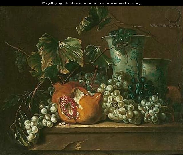 Still life of grapes, a pomegranate and blue-and-white porcelain vases, set upon a stone ledge - (after) Largilliere, Nicholas de