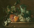 Still life of grapes, a pomegranate and blue-and-white porcelain vases, set upon a stone ledge - (after) Largilliere, Nicholas de