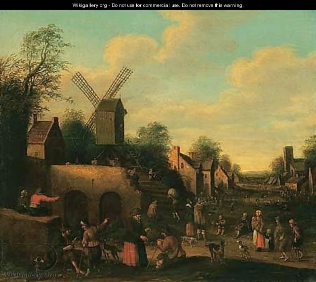A Scene In A Dutch Village With Beggars And Numerous Figures By A Windmill - Joost Cornelisz. Droochsloot