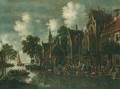A River Landscape With Numerous Figures Conversing And Loading Their Wares Onto Fishing Boats Outside An Inn - Thomas Heeremans