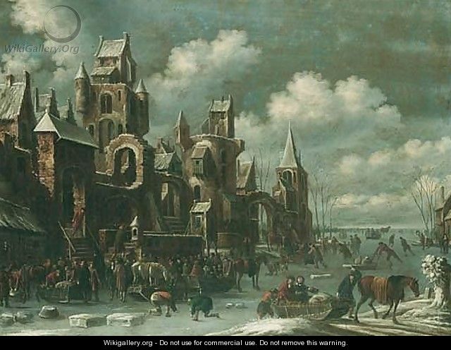 A Winter Landscape With Figures Skating On A Frozen River, Others Conversing And Feeding Their Horses Outside A Walled Town - Thomas Heeremans