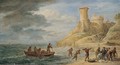 A Coastal Scene With Fishermen Bringing Their Catch Ashore Near A Castle - David The Younger Teniers