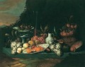 Still Life Of Grapes, Peaches, Plums, Pomegranates, Melons, Figs, Hazlenuts In A Blue-and-white Porcelain Bowl, A Glass Roemer, A Fluted-wine Glass And A Stoneware Jug, Together With Fruit In A Basket, On A Stone Ledge - Jan Pauwel II the Younger Gillemans