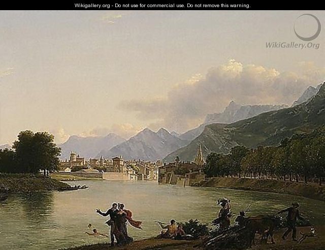 An Alpine Landscape With A View Of A Lake And Figures Bathing, Resting And Promenading, A Town Beyond - Jean-Joseph-Xavier Bidauld