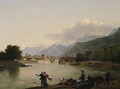 An Alpine Landscape With A View Of A Lake And Figures Bathing, Resting And Promenading, A Town Beyond - Jean-Joseph-Xavier Bidauld