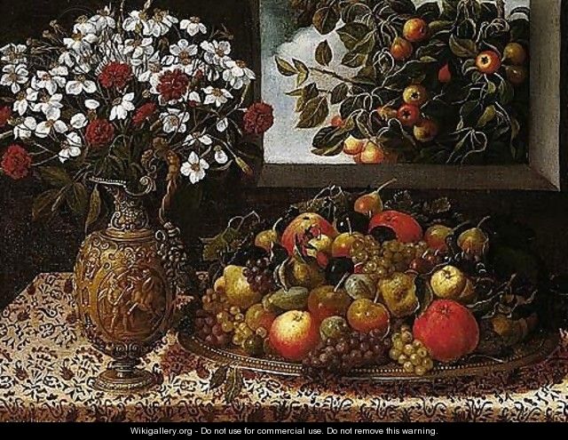 Still Life Of Apples, Pears, Grapes, Plums And Figs On A Parcel-gilt Platter, Together With A Sculpted Gilt Ewer Containing A Bouquet Of Carnations And Narcissi, Upon A Table - Tomas Hiepes