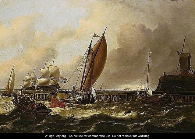 A Seascape With A Jetty And Windmill, A Fishing Boat Flying The Amsterdam Flag And Smalschips On Choppy Seas, Larger Shipping Vessels Beyond And A Lime-kiln On The Horizon - Ludolf Backhuysen
