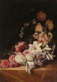 A Basket Of Summer Flowers Including Roses, Lilies, Hollyhocks And Irsies On A Pink Marble Ledge - Dirck de Bray