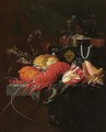 A Still Life Of A Lobster, A Conch Shell, A Tulip, Orange, Redcurrants, Bread, A Salt Cellar And A Wine-glass, Together With A String Of Pearls And A Jewellery Casket Upon A Partly-draped Stone Ledge - Elias van den Broeck