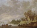 A River Landscape With A Ferryboat Approaching A Village - Jan van Goyen