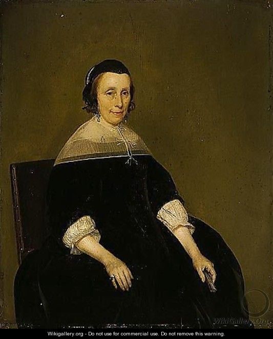 Portrait Of A Lady, Three-quarter Length Seated, Wearing Black And Holding A Tortoise-shell Fan In Her Left Hand - Gerard Terborch