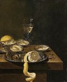 A Still Life Of A Peeled Lemon With Chestnuts Upon A Pewter Dish, Together With Oysters, A Wine-glass And A Lemon, All Upon A Table-top - Jan Jansz. Van De Velde