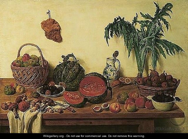 A Kitchen Still Life With Apples And Pears In Baskets, Plums And Blackberries In Porcelain Bowls, Melons, Porcini Mushrooms, A Blue-and-white Porcelain Jug, Peaches, Celery, And Other Objects All Arranged On A Wooden Table - Jan Jozef, the Younger Horemans
