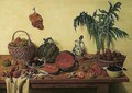 A Kitchen Still Life With Apples And Pears In Baskets, Plums And Blackberries In Porcelain Bowls, Melons, Porcini Mushrooms, A Blue-and-white Porcelain Jug, Peaches, Celery, And Other Objects All Arranged On A Wooden Table - Jan Jozef, the Younger Horemans