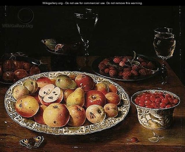 A Still Life Of Apples, Peaches And Pears In A Wan-li Porcelain Dish, Red Grapes In A Wan-li Porcelain Bowl, Plums And Raspberries On Pewter Plates, Figs In A Bowl, Facon-de-venise Wine-glasses, Together With A Butterfly, All Resting On A Wooden Table-top - Osias, the Elder Beert